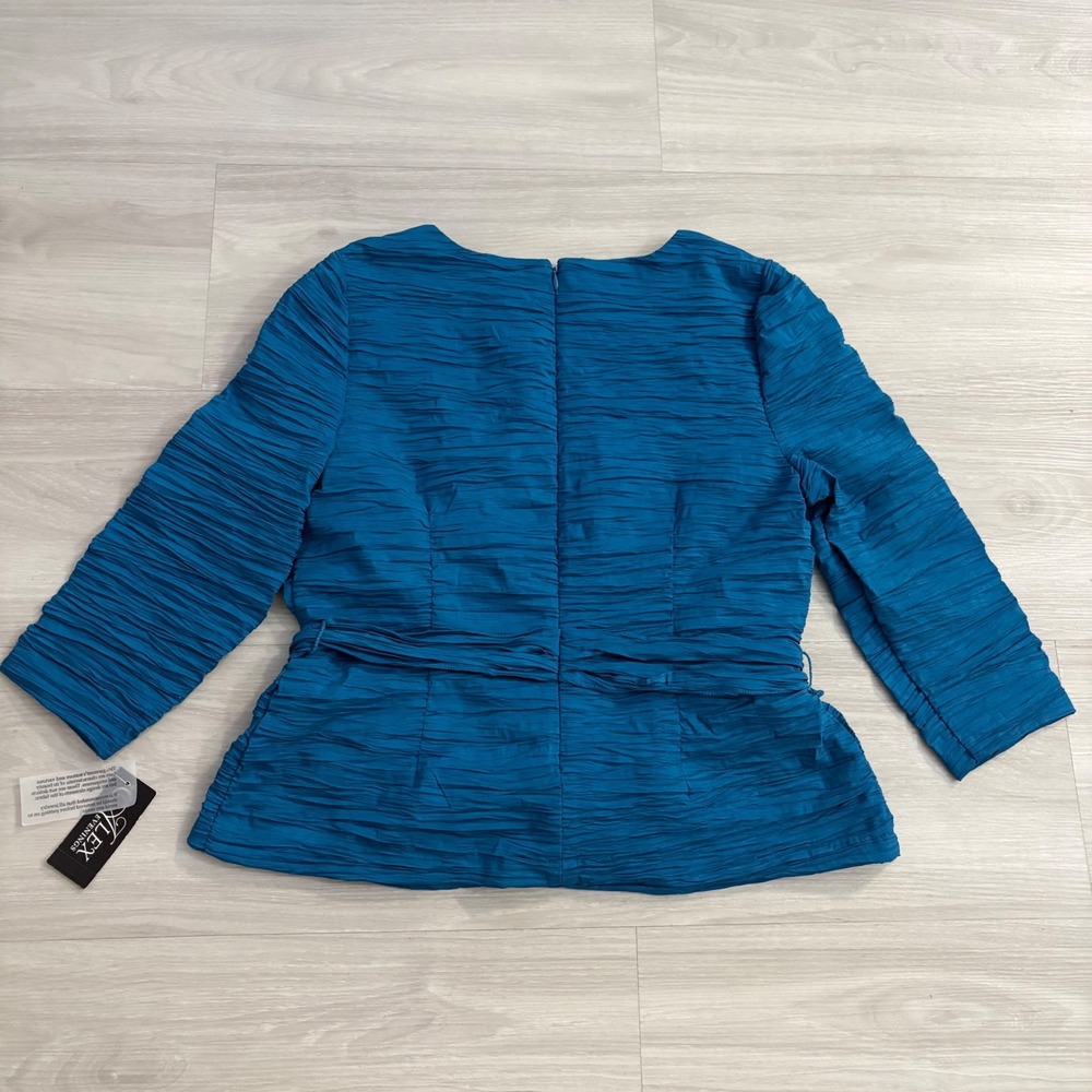 Alex Evenings Top Womens Teal Blue Textured Tie Waist Square Neck Blouse Top L - Picture 3 of 14